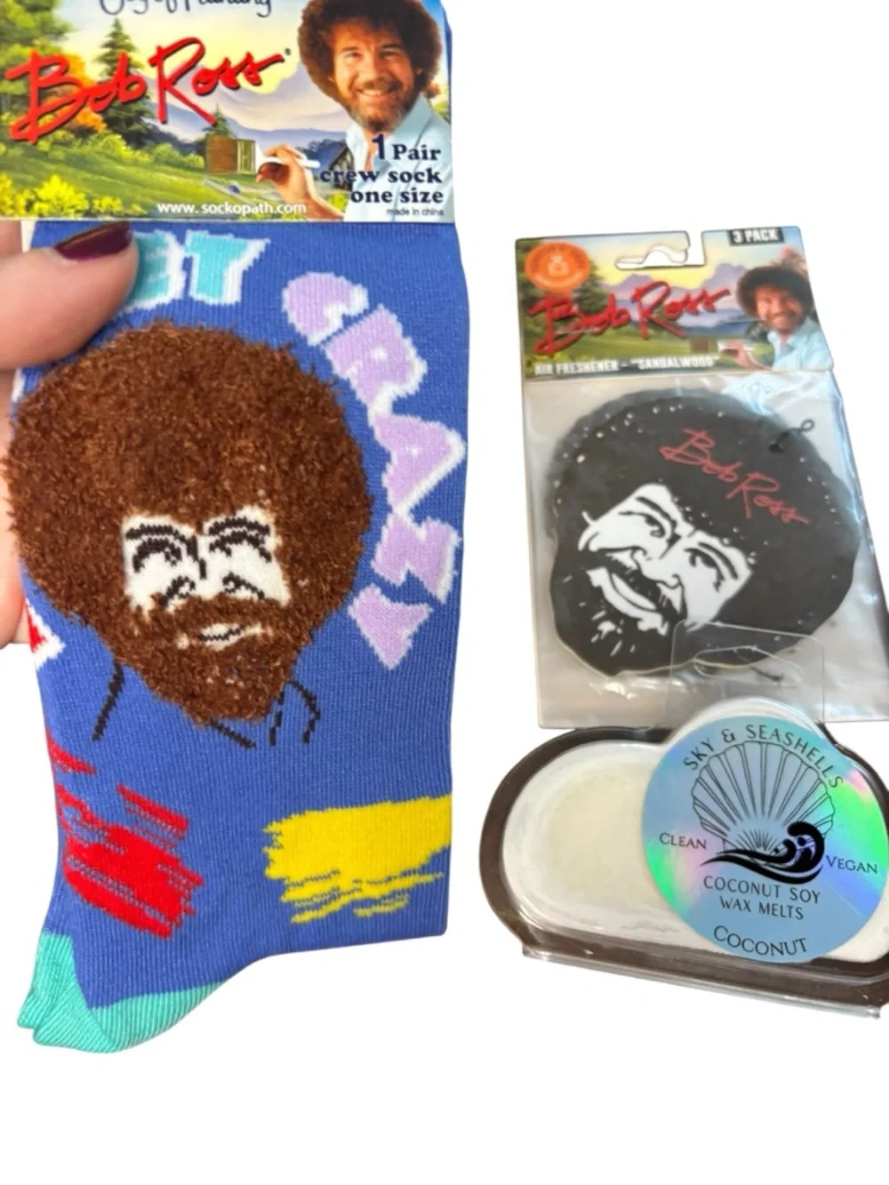 Bob Ross Bundle - Socks, 3pk Air freshner, happy cloud wax melt - Picture 2 of 7